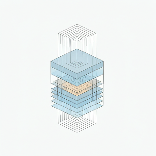 An exploded stack of translucent geometric layers with looping lines