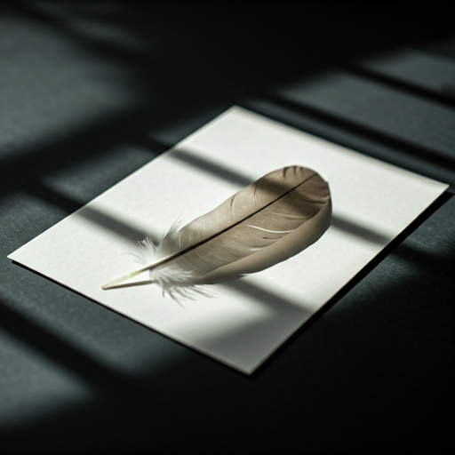 A delicate feather resting on textured paper in soft window light