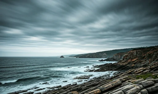 Rocky coastline beneath streaks of cloud