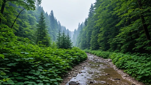 A narrow stream running through a dense forest