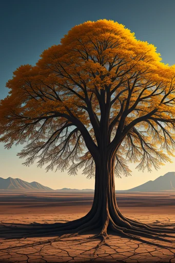A solitary tree on a cracked open plain