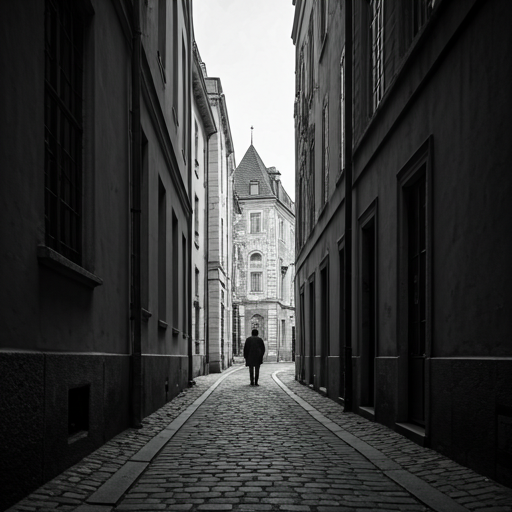 A person walking through a narrow city street